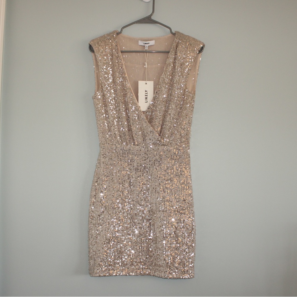 Revolve LIKELY Brienne Gold Sequin V-Neck Dress size 4
